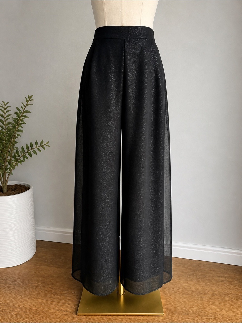 Vintage Black Sparkle Palazzo Pants Sheer Overlay Wide Leg Formal Womens Medium